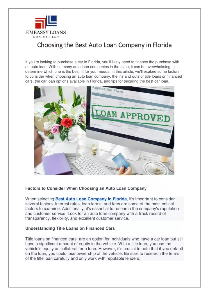 choosing the best auto loan company in florida