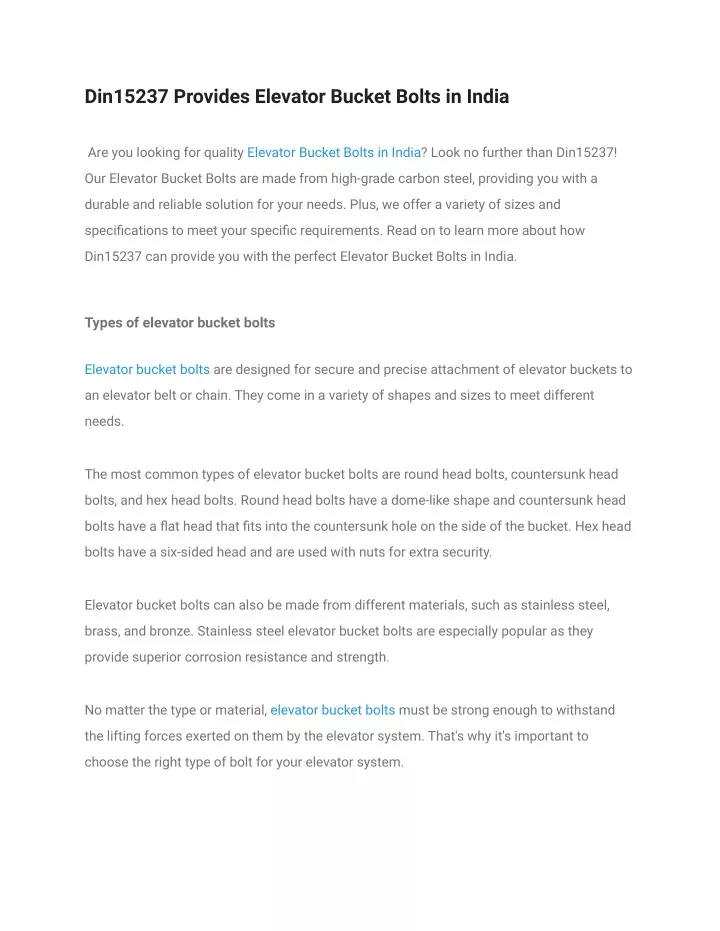 din15237 provides elevator bucket bolts in india