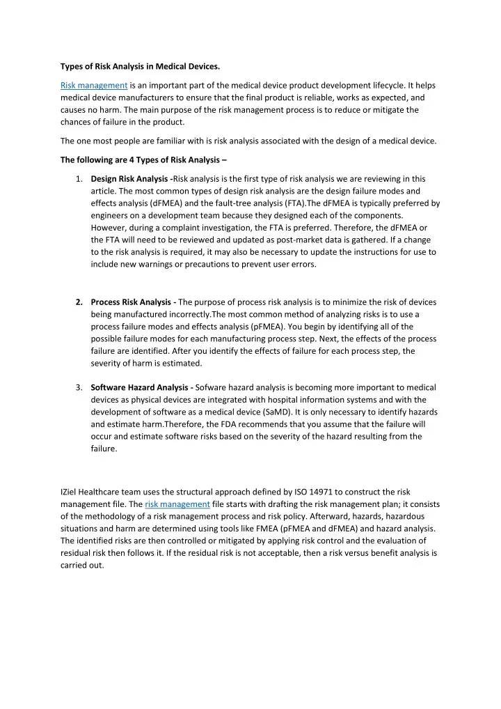 types of risk analysis in medical devices