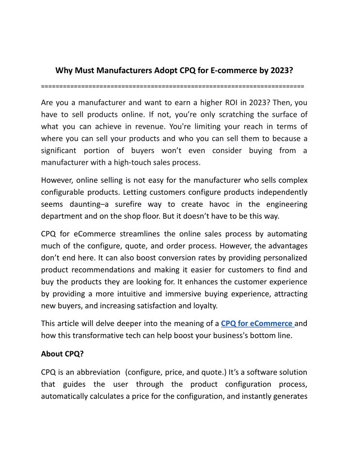 why must manufacturers adopt cpq for e commerce