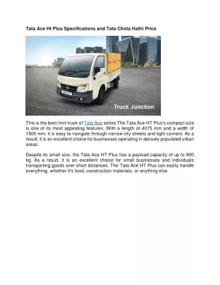 Tata Ace Ht Plus Specifications and Tata Chota Hathi Price