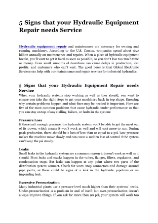 5 Signs that your Hydraulic Equipment Repair needs Service