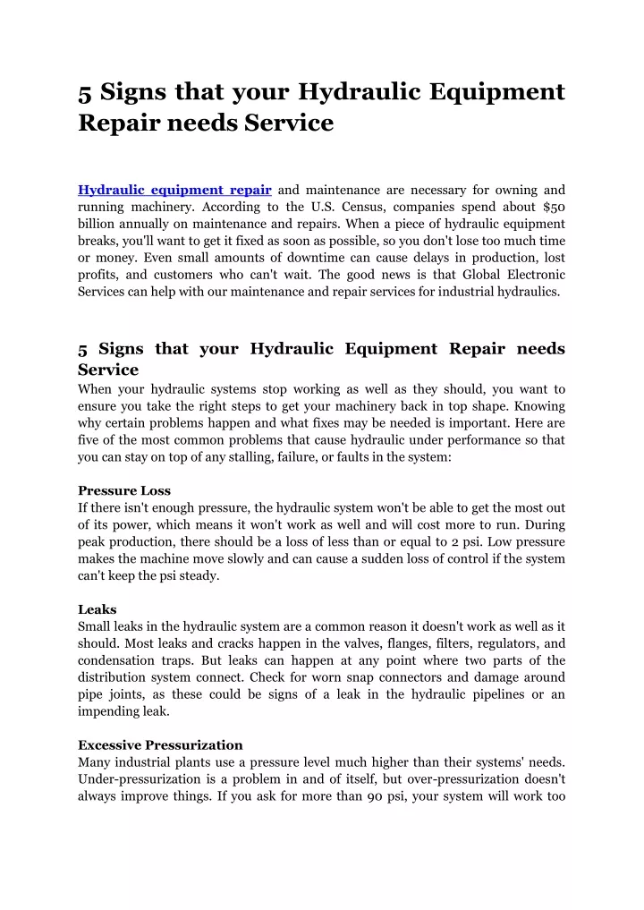 5 signs that your hydraulic equipment repair