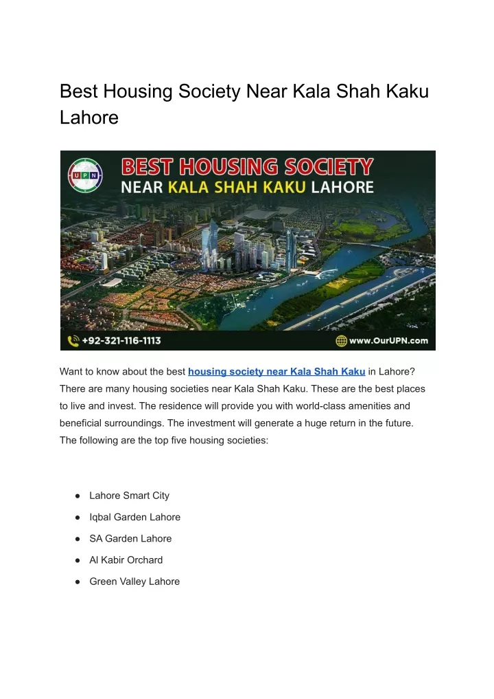 best housing society near kala shah kaku lahore