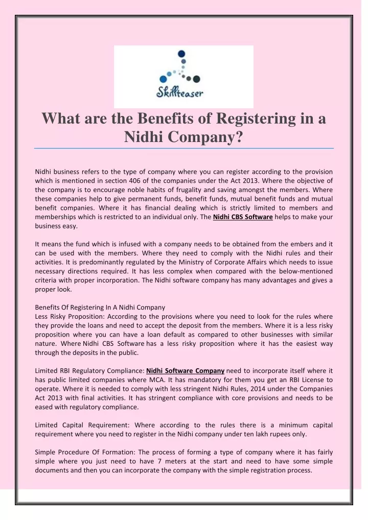 what are the benefits of registering in a nidhi