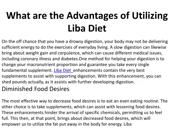what are the advantages of utilizing liba diet