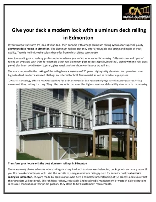 Give your deck a modern look with aluminum deck railing in Edmonton
