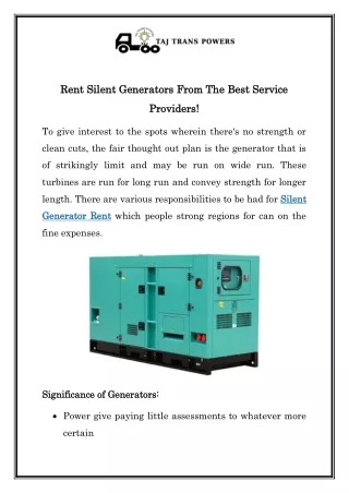 Silent Generator Rent in Mumbai | Call  91- 9870276640 | Taj Trans Powers