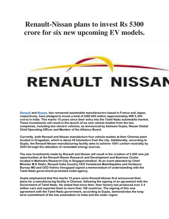 renault nissan plans to invest rs 5300 crore