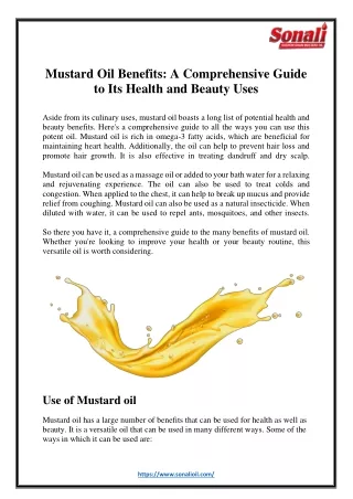 Benefits of Mustard Oil : A Comprehensive Guide to Its Health and Beauty Uses