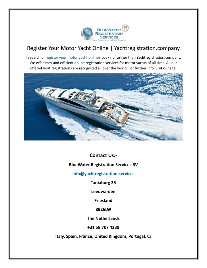 register your motor yacht online