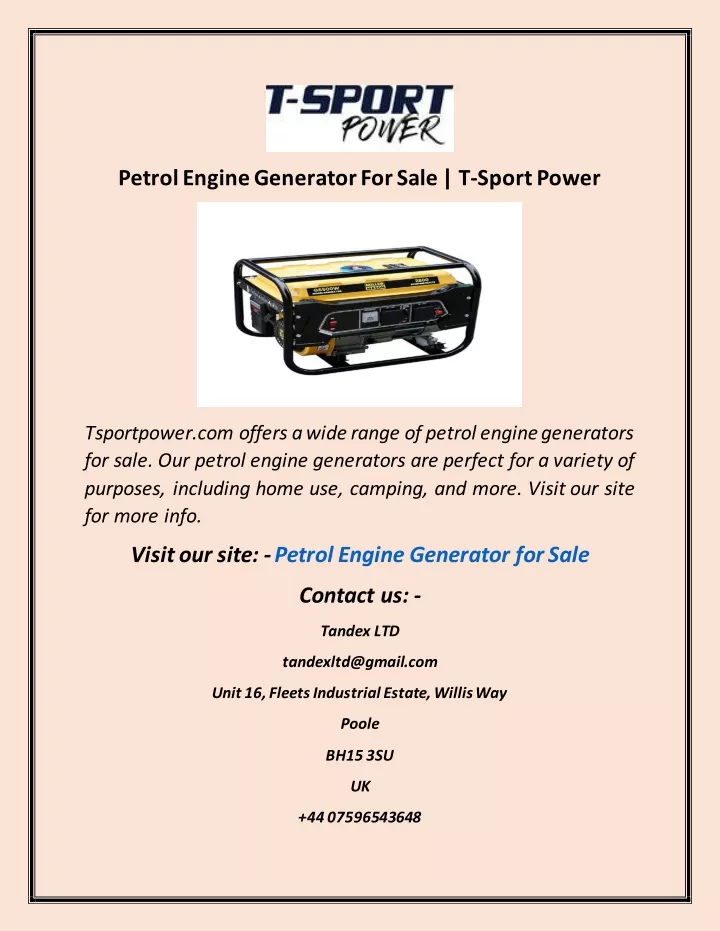 petrol engine generator for sale t sport power