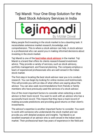 Teji Mandi Your One-Stop Solution for the Best Stock Advisory Services in India