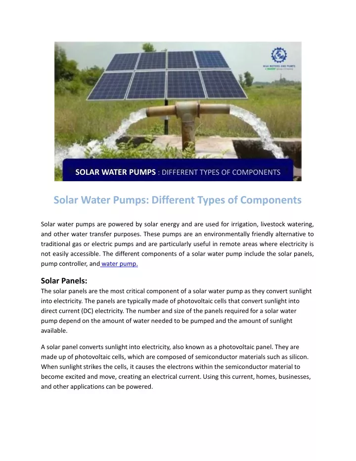 solar water pumps different types of components