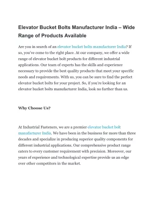 Elevator Bucket Bolts Manufacturer India – Wide Range of Products Available