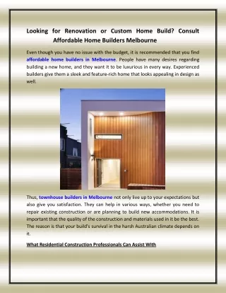 Looking for Renovation or Custom Home Build Consult Affordable Home Builders Melbourne