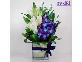 Blue Orchids and White Lilies Vase