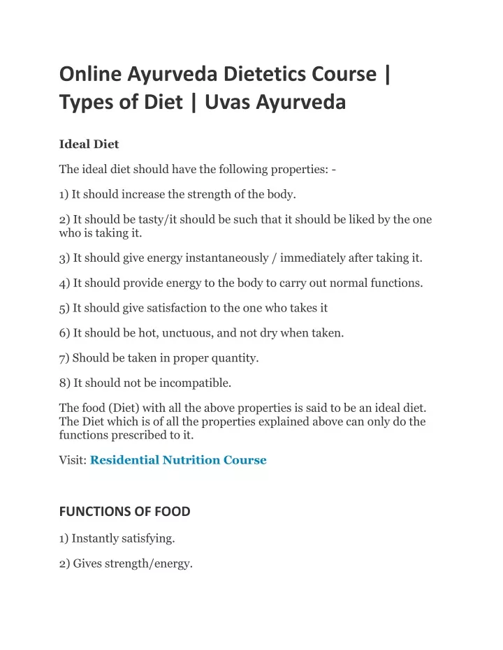 online ayurveda dietetics course types of diet