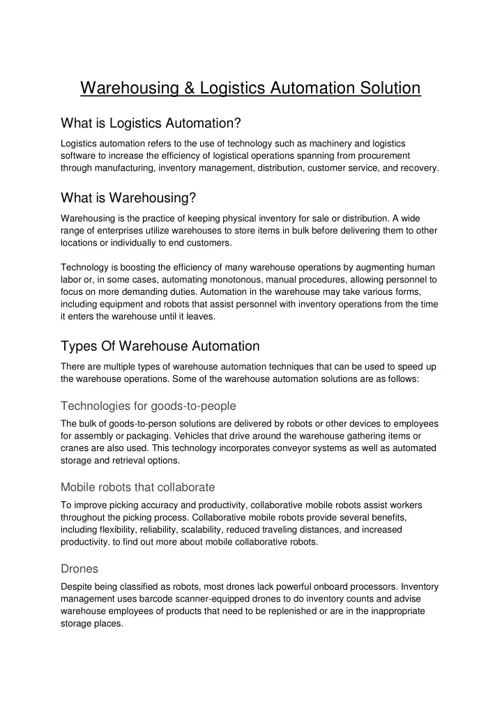 warehousing logistics automation solution