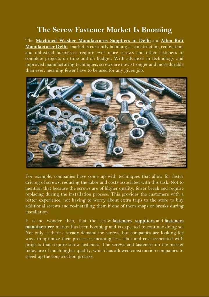 the screw fastener market is booming