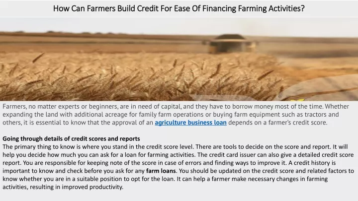 how can farmers build credit for ease of financing farming activities