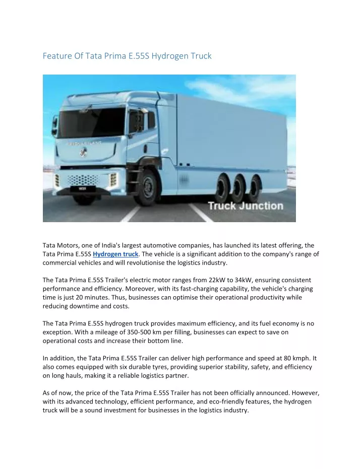 feature of tata prima e 55s hydrogen truck