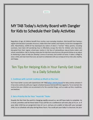 MY TAB Today's Activity Board with Dangler for Kids to Schedule their Daily Acti
