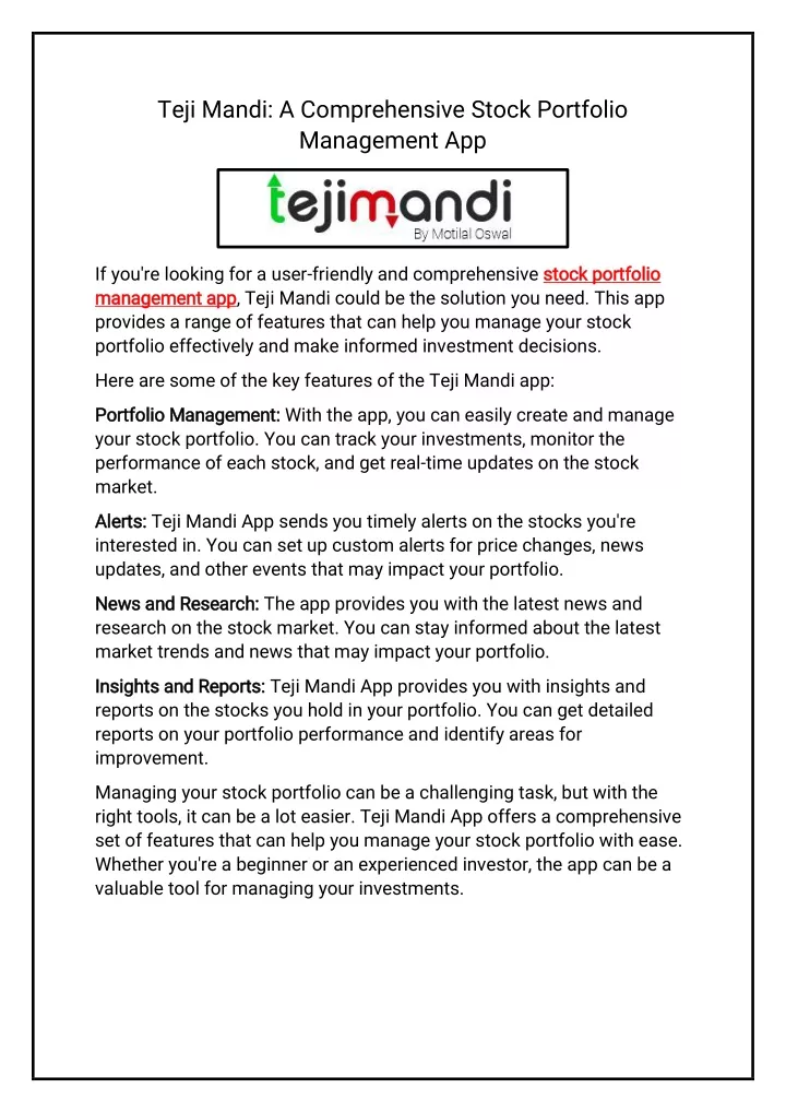 teji mandi a comprehensive stock portfolio