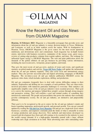 Know the Recent Oil and Gas News from OILMAN Magazine