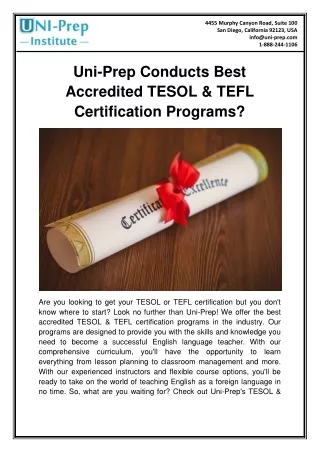 Uni-Prep Conducts best accredited TESOL & TEFL certification programs