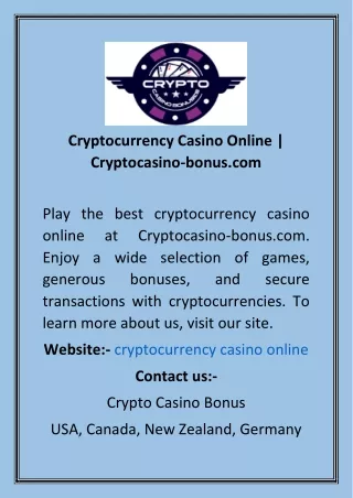 Cryptocurrency Casino Online  Cryptocasino-bonus