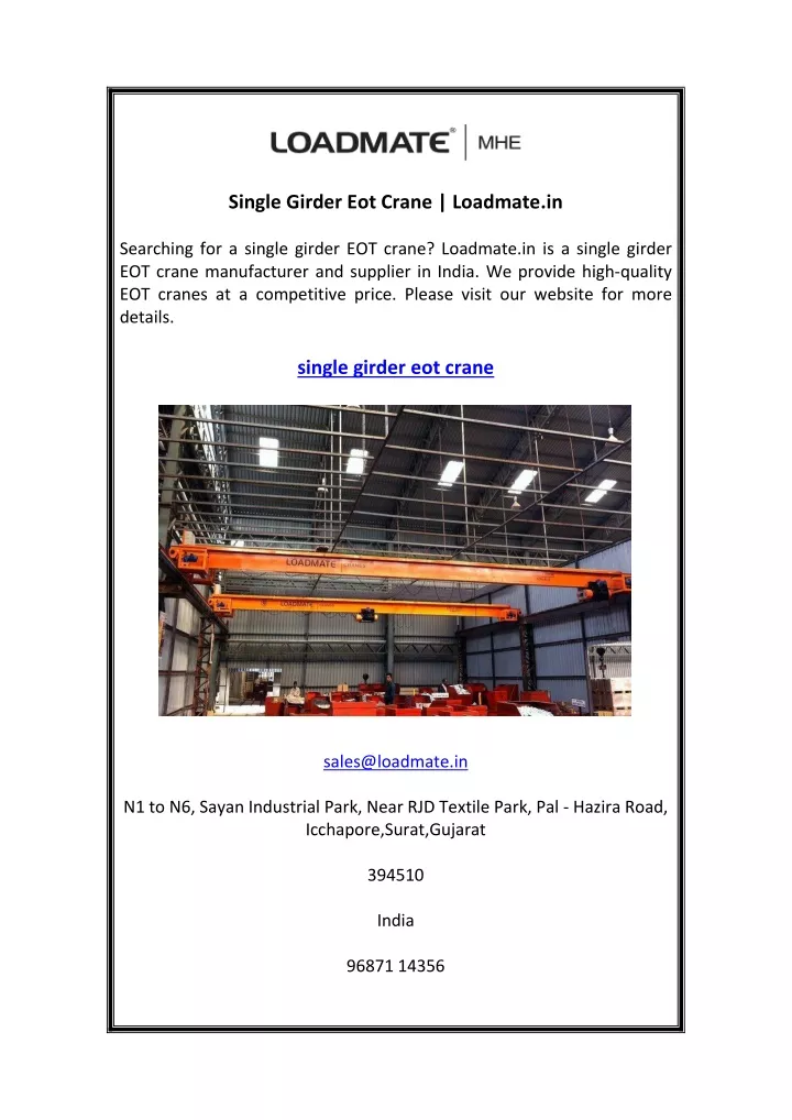 single girder eot crane loadmate in