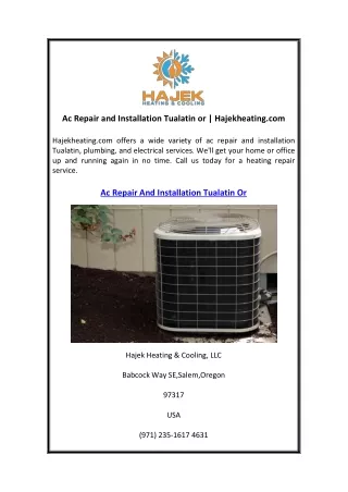 Ac Repair and Installation Tualatin or  Hajekheating.com