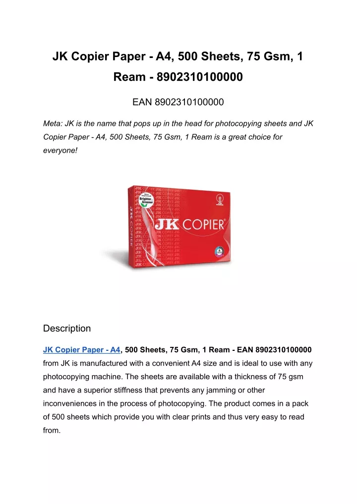 jk copier paper a4 500 sheets 75 gsm 1