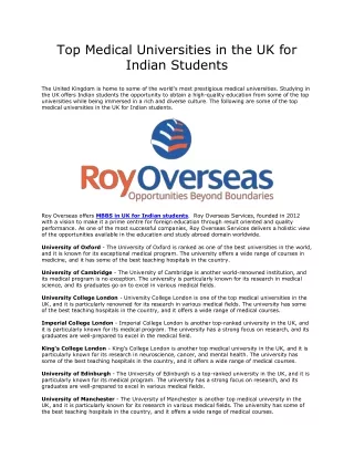 Top Medical Universities in the UK for Indian Students