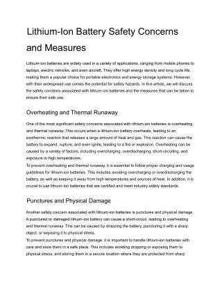 Lithium-Ion Battery Safety Concerns and Measures