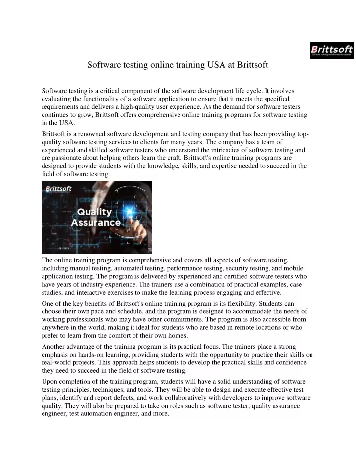 software testing online training usa at brittsoft