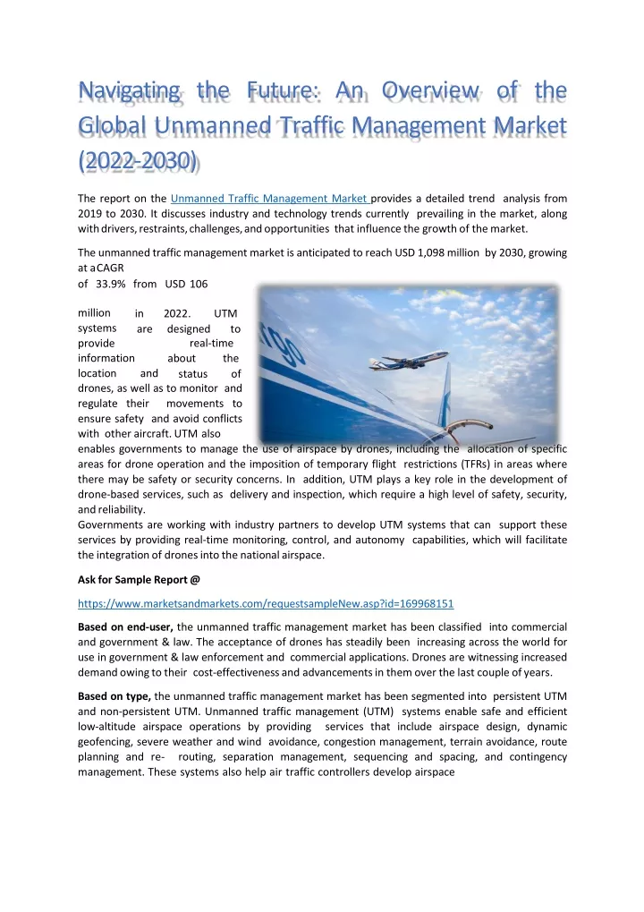 navigating the future an overview of the global unmanned traffic management market 2022 2030