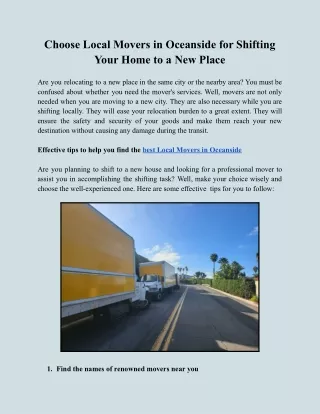 Choose Local Movers in oceanside for Shifting Your Home to New Place