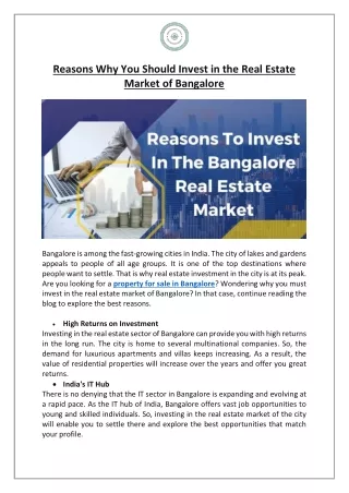 Reasons Why You Should Invest in the Real Estate Market of Bangalore
