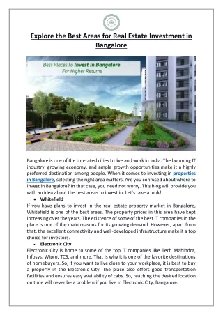 Explore the Best Areas for Real Estate Investment in Bangalore