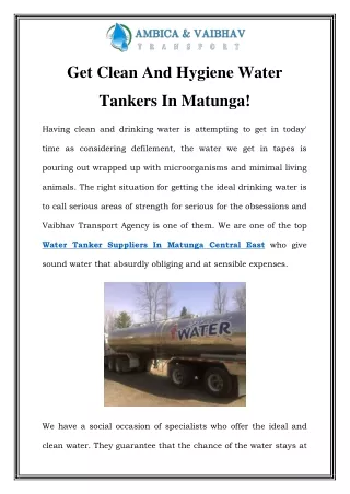 Water Tanker Suppliers In Matunga  Call-9867696717