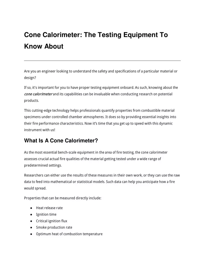 cone calorimeter the testing equipment to