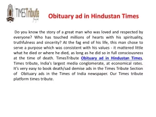 Obituary ad in Hindustan Times| TIMESTRIBUTE