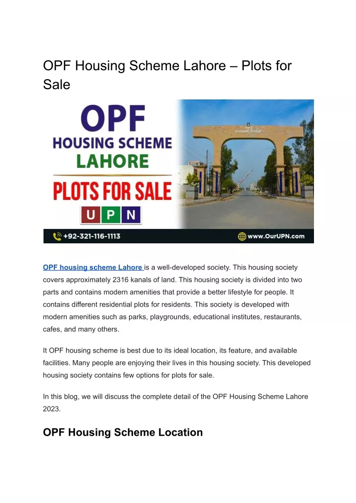 opf housing scheme lahore plots for sale