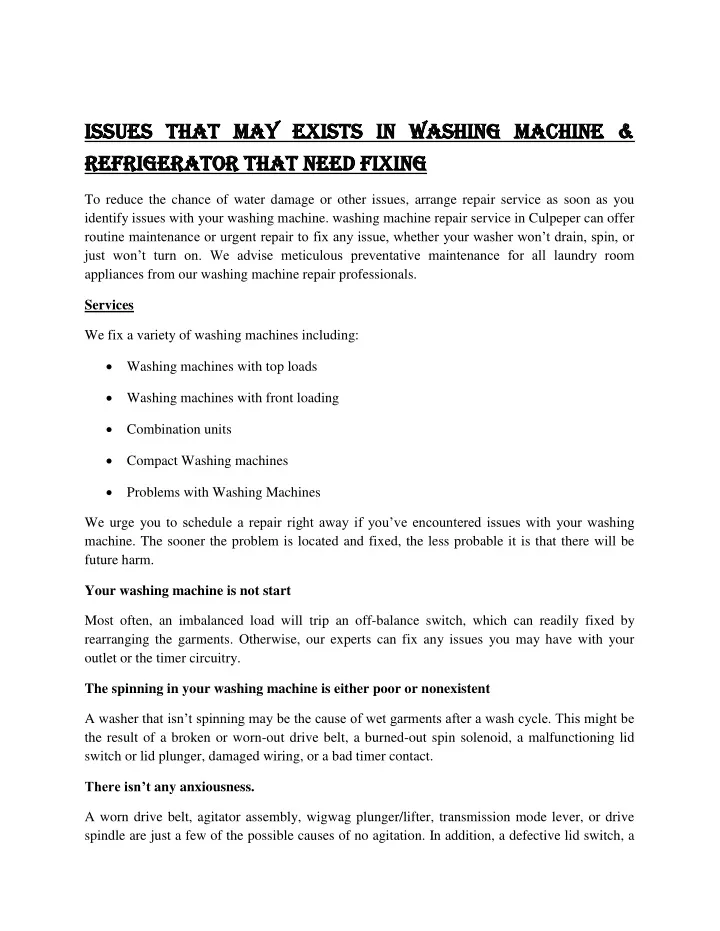 issues that may exists in washing machine issues