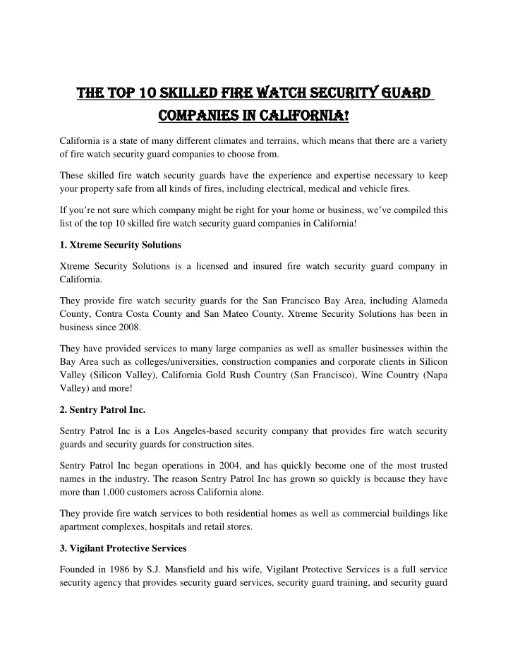 the top 10 skilled fire watch security guard