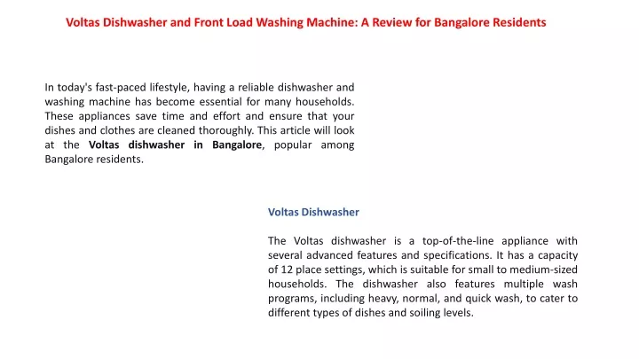 voltas dishwasher and front load washing machine