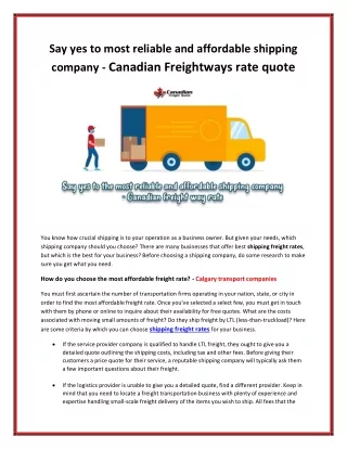 Say yes to most reliable and affordable shipping company - Canadian Freightways rate quote