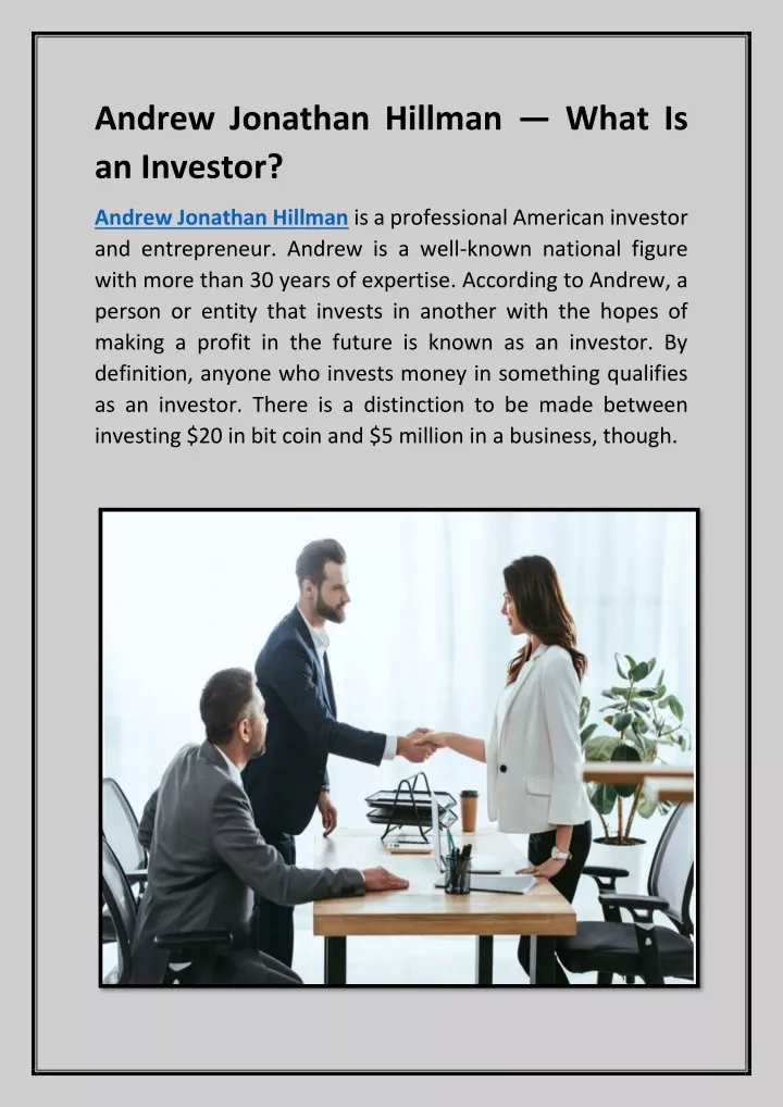 andrew jonathan hillman what is an investor